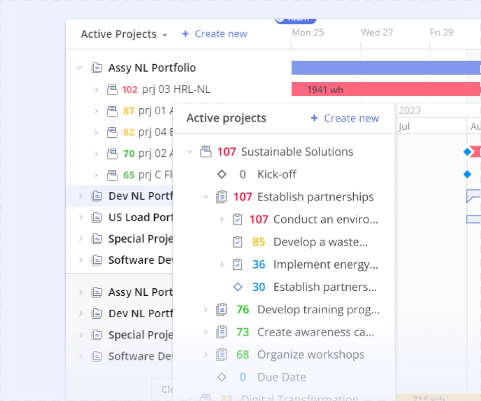 Epicflow active projects list ordered by priority with the portfolio timeline