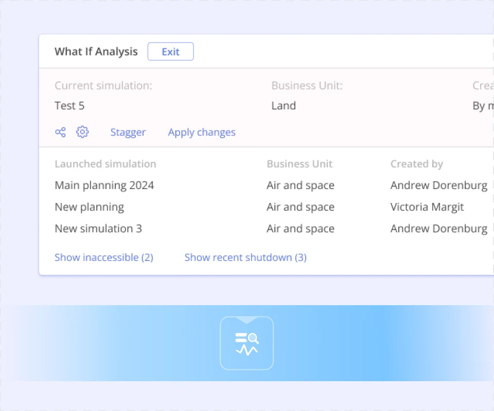 Epicflow What If Analysis panel listing current and launched simulations