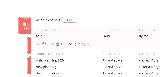 What-if analysis panel comparing launched simulations