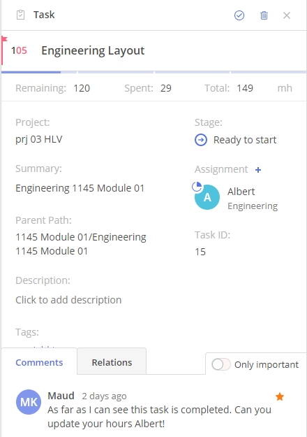 Task card with detailed data and comments