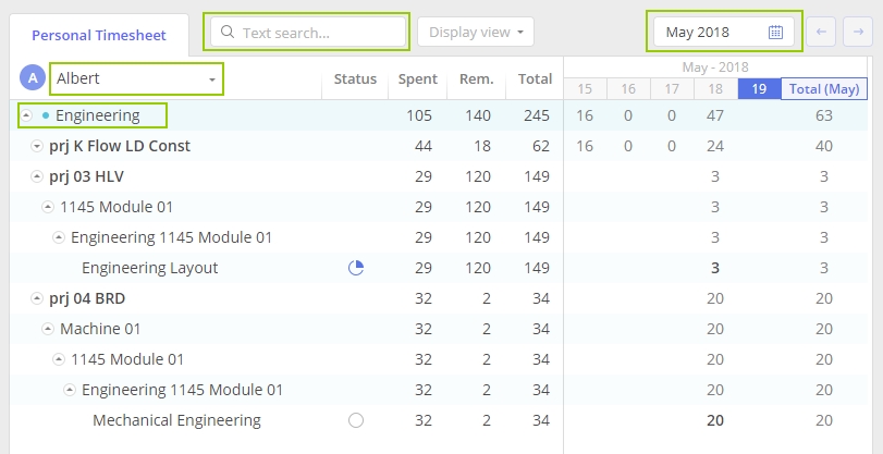 Personal timesheet with filtering according to user's name and date 