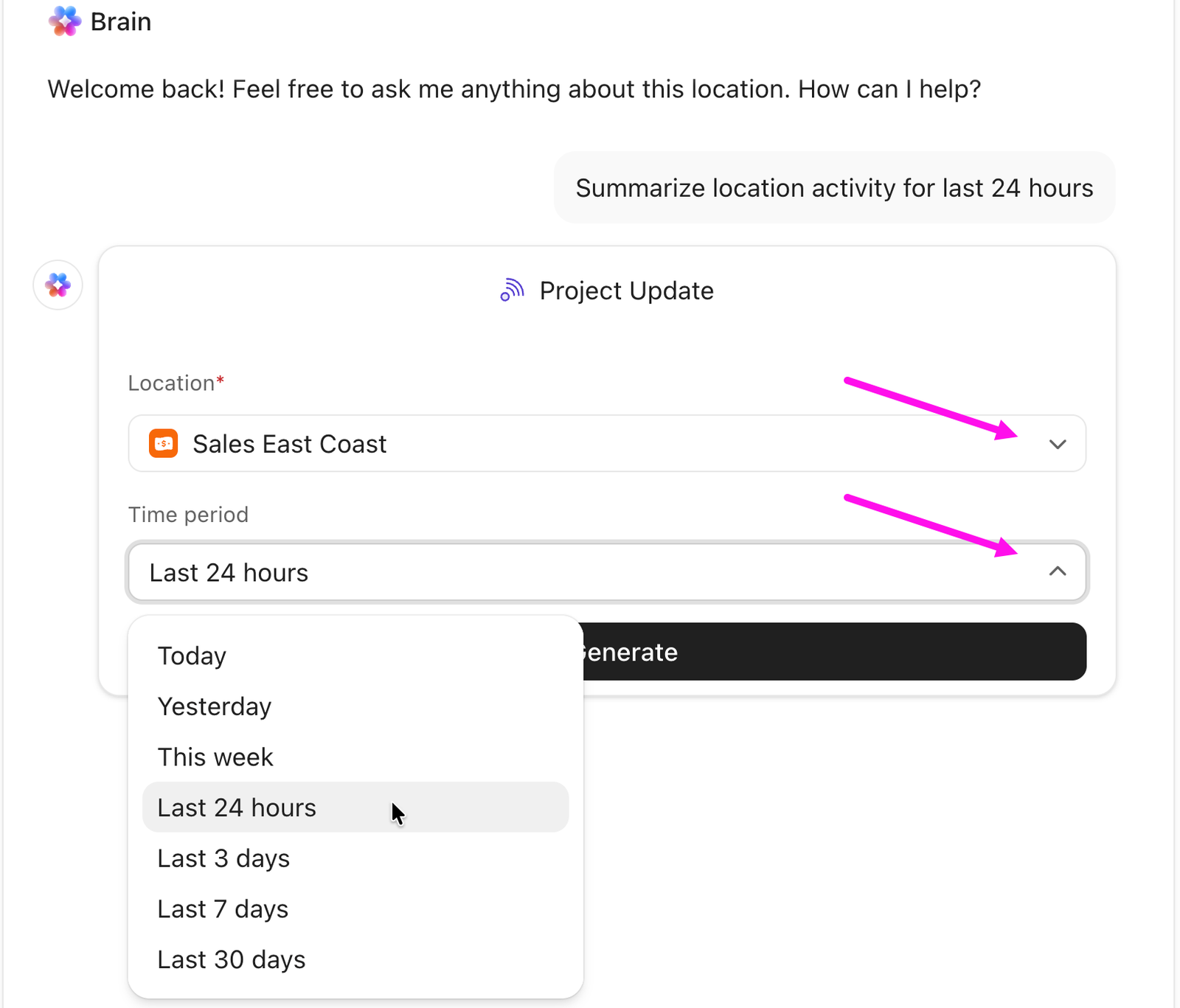 ClickUp Brain generating a project update for a selected location and time period