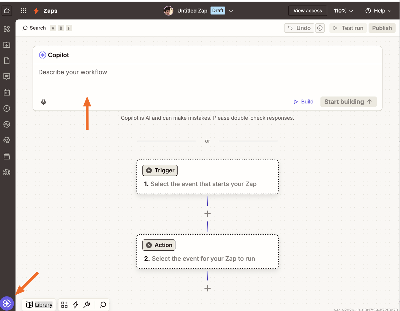Zapier Copilot panel in the Zap editor, ready to build a workflow from a description