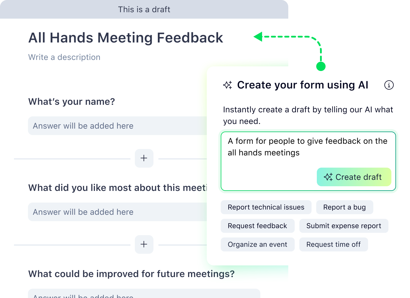 Wrike AI creating a request form draft from a plain-language description