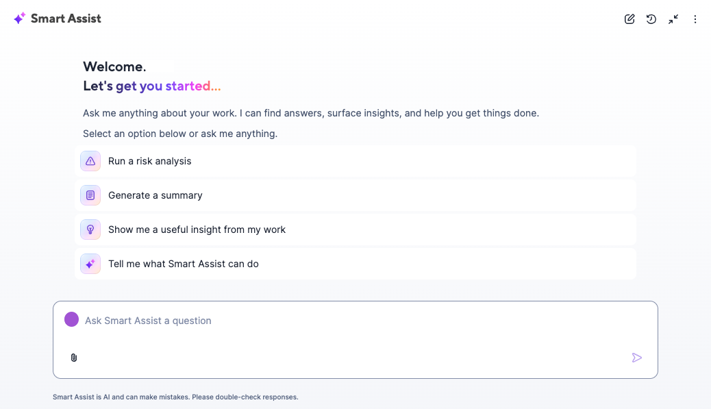 Smartsheet Smart Assist panel with suggested prompts such as risk analysis and summaries