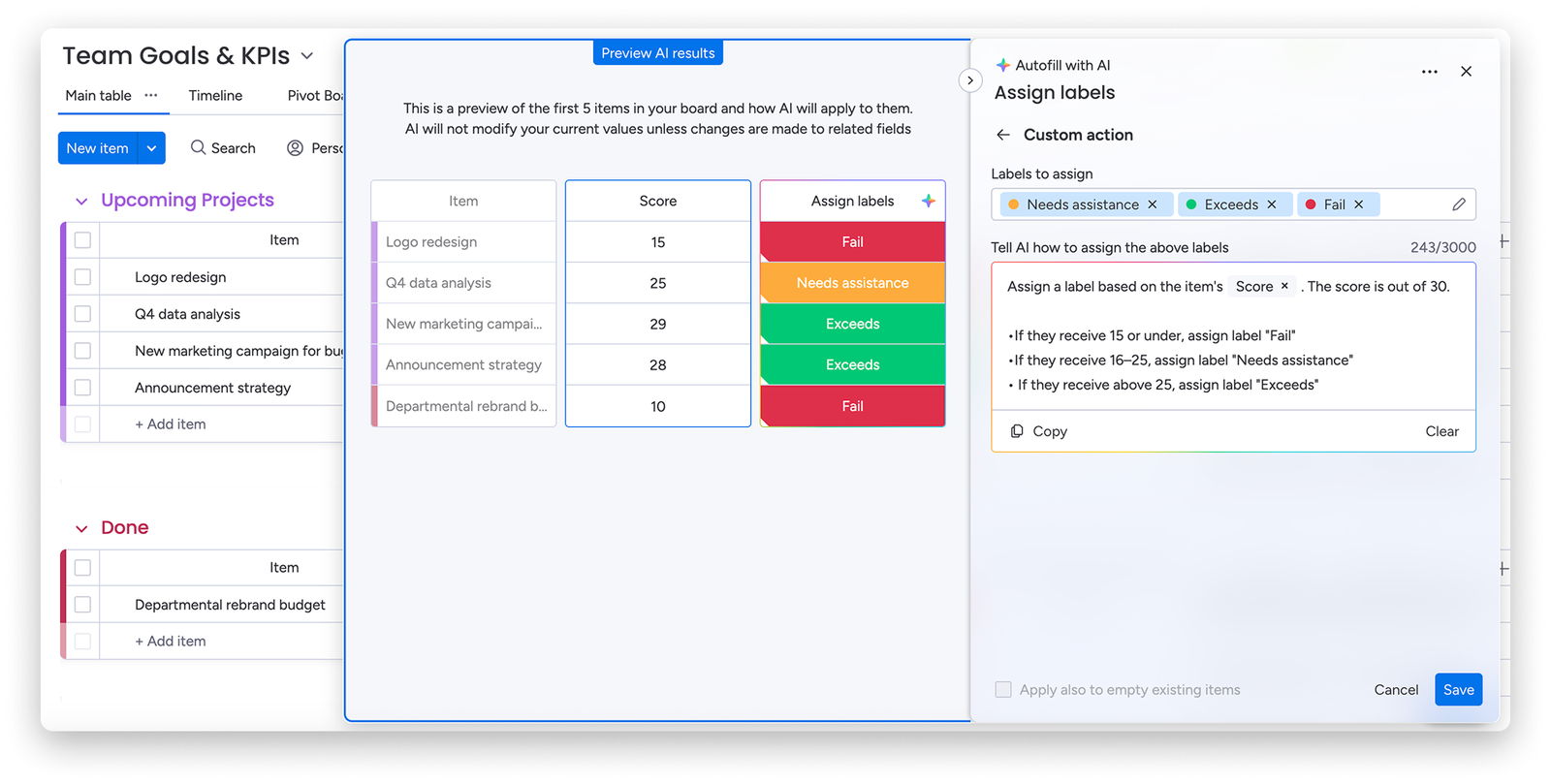 monday.com AI block previewing the labels it will assign to board items