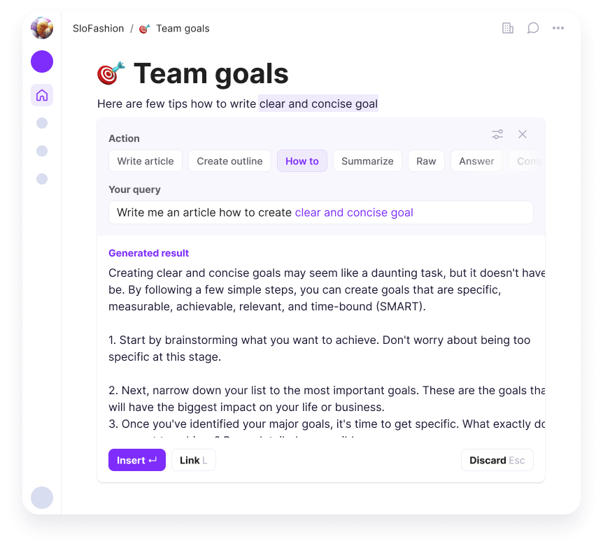 Ayanza AI writer generating text for a team goals page