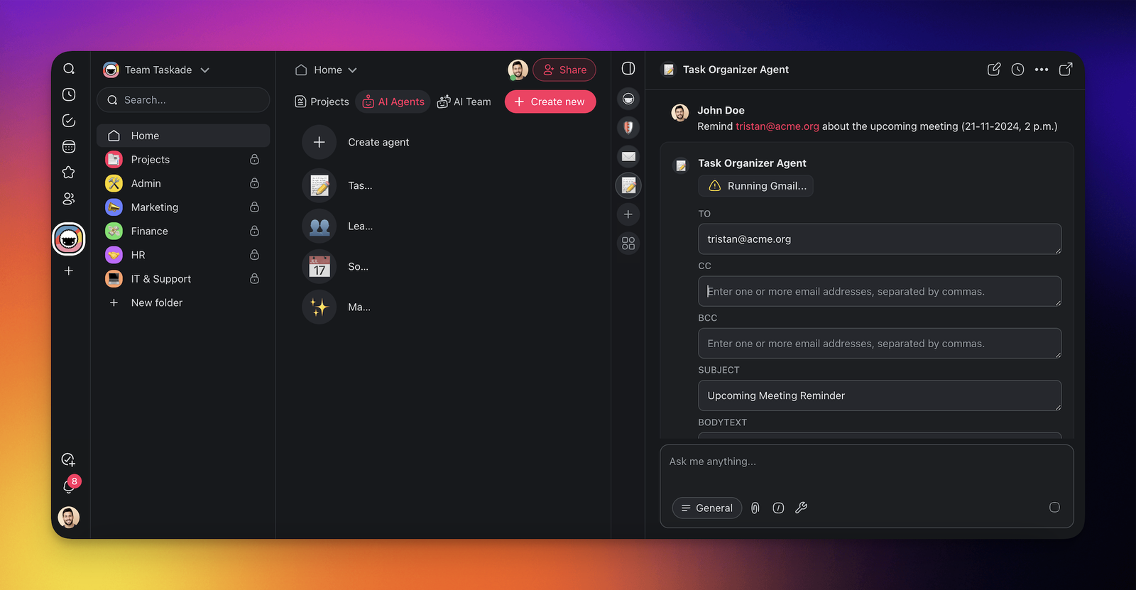 Taskade AI agent with configured tools running a task in the sidebar