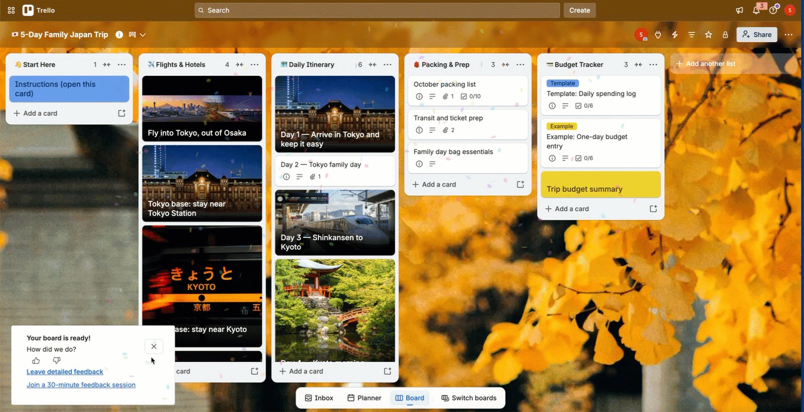 Trello AI board builder output: a generated board with lists and cards